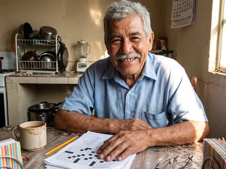 Osvaldo sonriendo con sus ejercicios impresos sobre la mesa